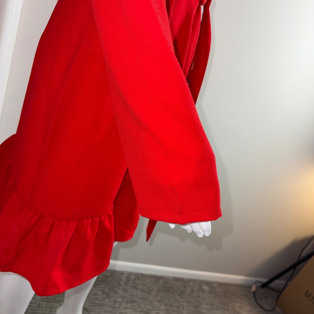 Red Mock Neck Long Sleeve Ruffle Hem Tie Waist Mini Dress Puff Shoulder Size M‎ - Picture 10 of 14
